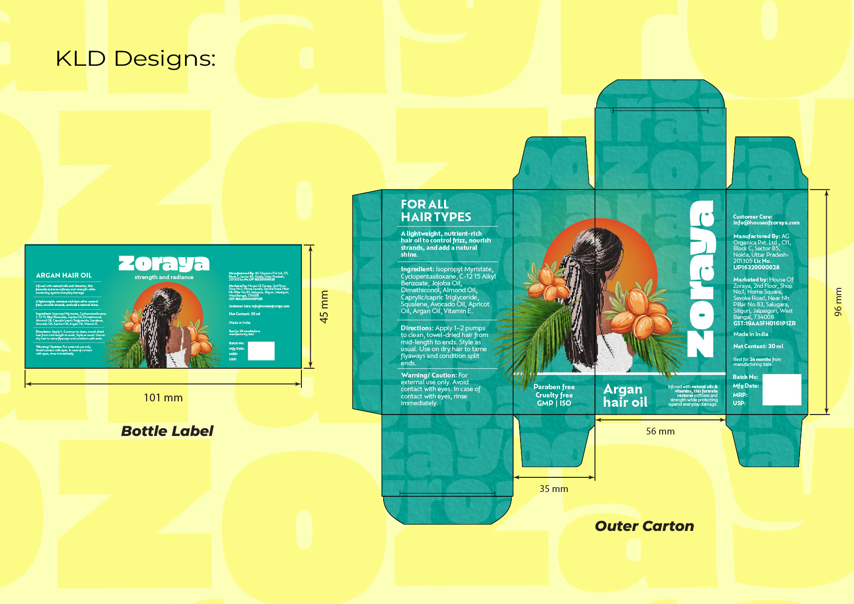 KLD dieline — bottle label + outer carton